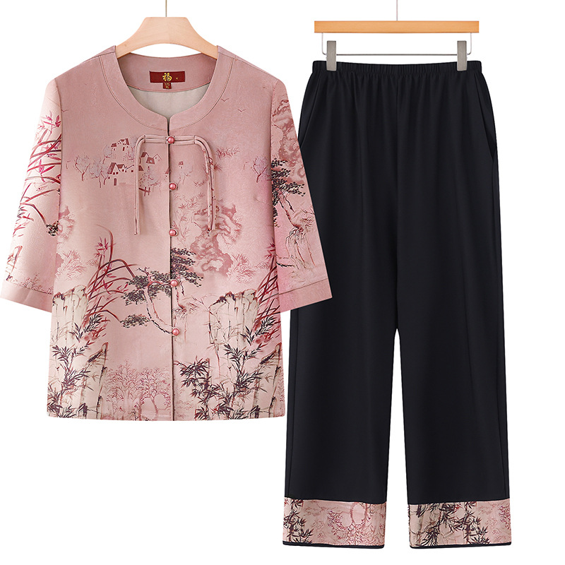 母亲节妈妈装夏装七分袖洋气套装中老年女装新中式奶奶开衫两件套