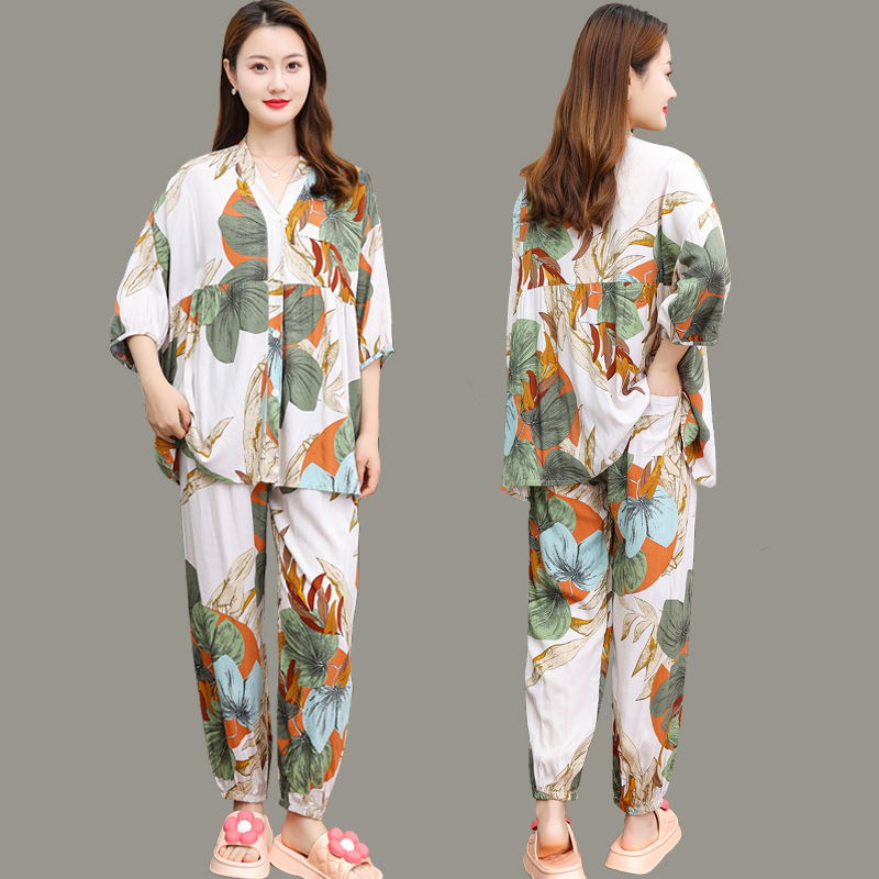 棉绸睡衣女春夏薄款宽松大码中袖长裤人造棉套装家居可外穿开衫