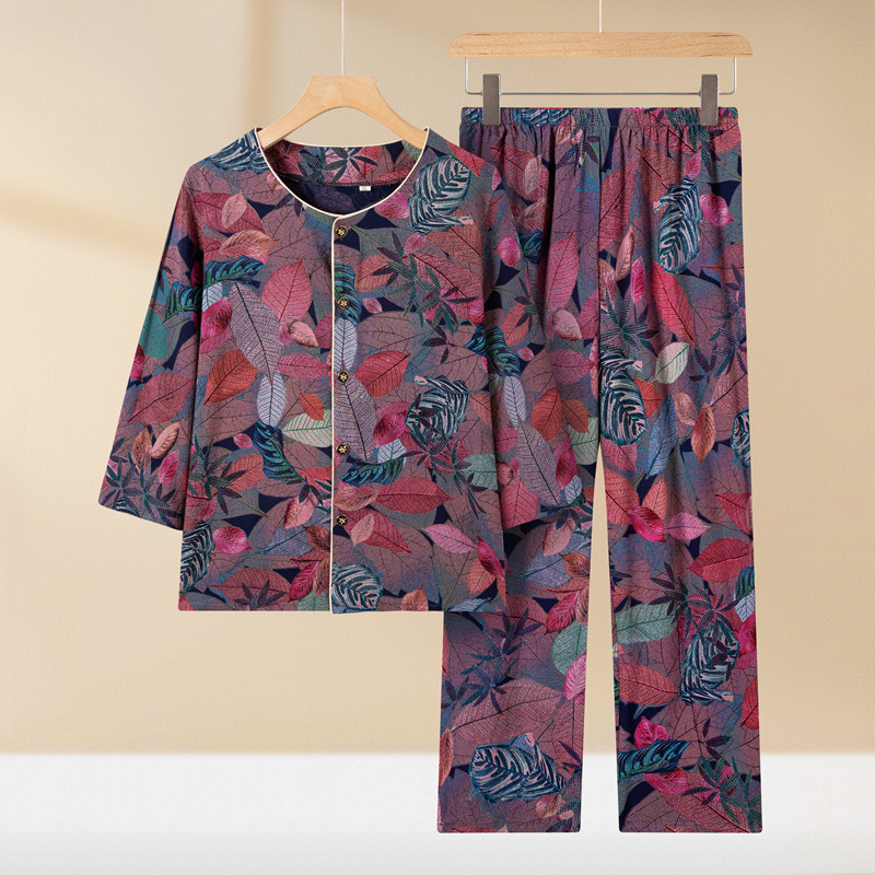 中老年人开衫棉绸睡衣女夏季妈妈奶奶家居服人造棉中袖两件套装