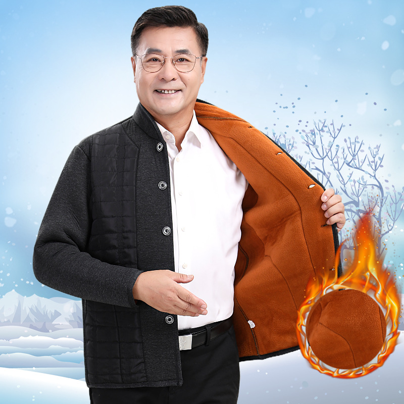 冬季加绒加厚驼绒棉袄爸爸保暖棉衣中老年人内穿棉服爷爷防寒外套